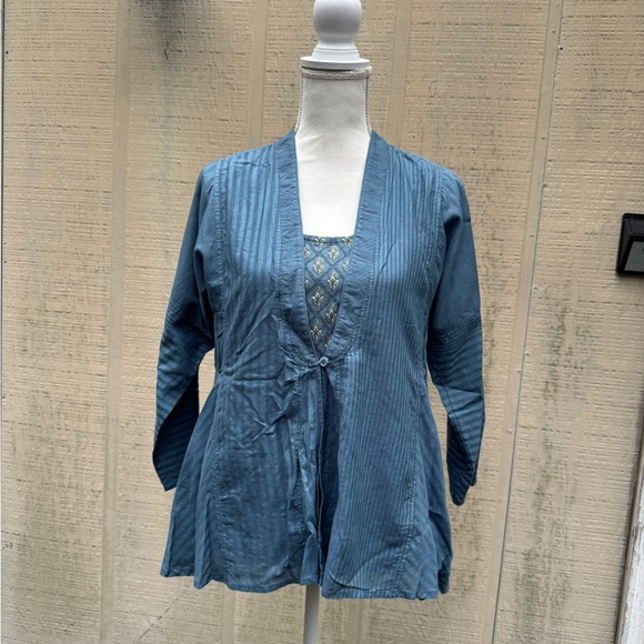Soft Surroundings Cotton Teal Blue Blouse Striped Jacket and Print Tank Set - Picture 1 of 10